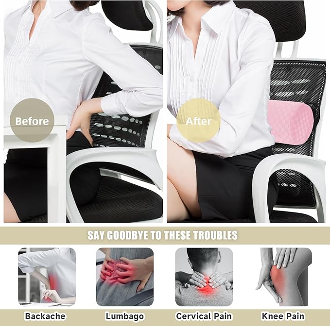 Lumbar Roll Pillow for Lower Back, Lumbar Support Foam Roll Cushion with Pillowcase and Upgraded Strap for Office, Chair, Car, Seat Pain Relief & Improving Posture (Light Pink, Short-11 * 4.3'')