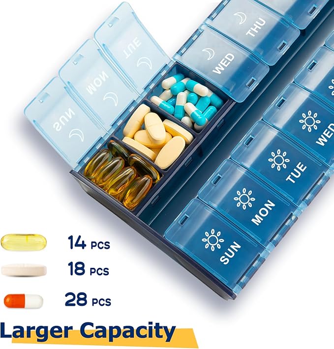 XL Large Weekly Pill Organizer 2 Times A Day, Hinged Lids Daily Vitamin Pill Box Holder Am Pm, Big Pill Container 7 Day, Medication Organizer Twice a Day, Medicine Organizer for Supplement