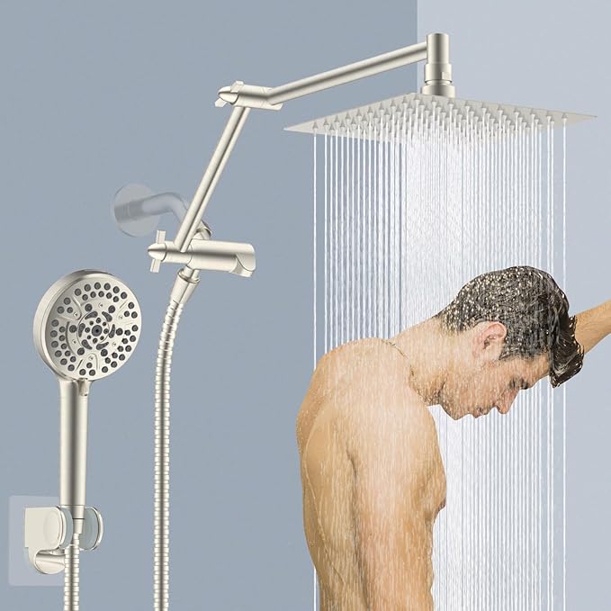 All Metal Rain Shower Head, 8” High Pressure Rainfall Shower Head with Handheld Spray, 5" Large Handheld Showerhead Powerful Clean 10-Mode, 16" Stainless Steel Adjustable Extension Arm, Brushed Nickel