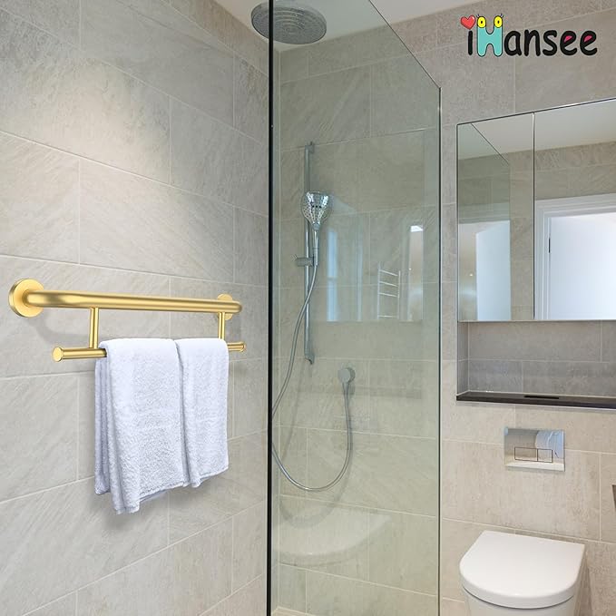 Brushed Gold Grab Bar 24 Inch w/Towel Holder, iHansee Stainless Steel Towel Rack Shower Support Balanced Support Handle, Wall Mount Safety Handrail Grab Rail for Elderly Senior Handicap Disabled