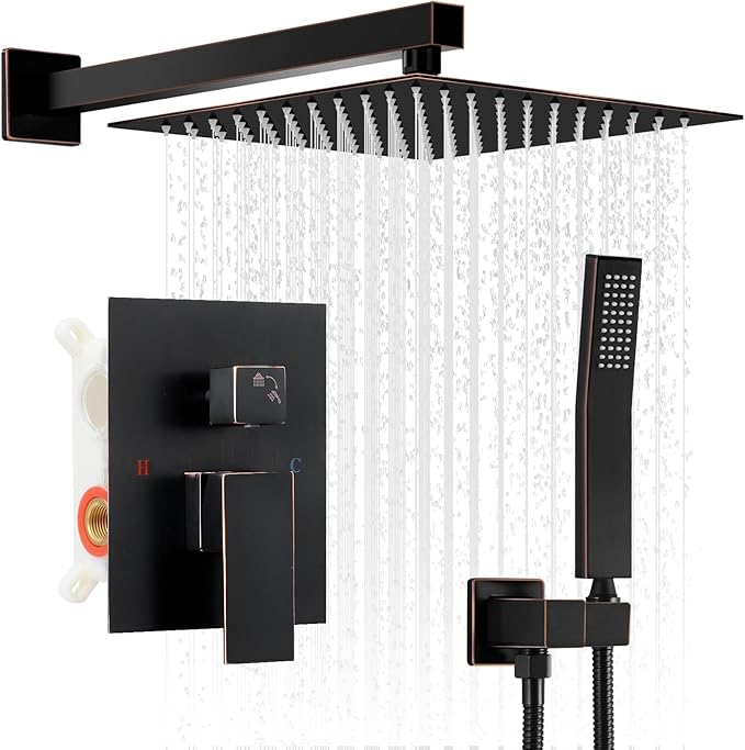 ORB Shower Faucet Set, 10 inch Rain Shower System with Pressure Balance Valve, Wall Mounted 2-Functions Bathroom Shower Systems with Rain Shower and Handheld Spray Shower Trim Included