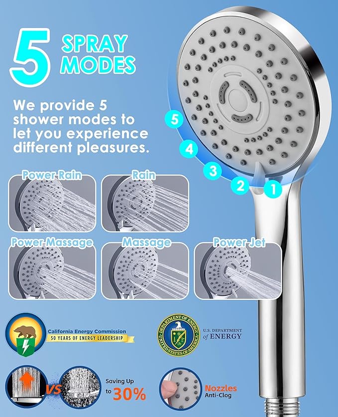 Jafeton High Pressure Rainfall Shower Head with Handheld Spray Combo – 5 Spray Modes, 10" Rain Shower, Anti-Clog Nozzles, Rust-Resistant Chrome Plating & Brass, Flexible Extension Arm