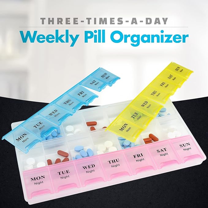 Weekly Pill Organizer - 21 Day Pill Planners for Pills Vitamins & Medication, 3 Times-a-Day Medication Reminder Boxes, Easy to Read & Travel Friendly (Case of 40pcs)