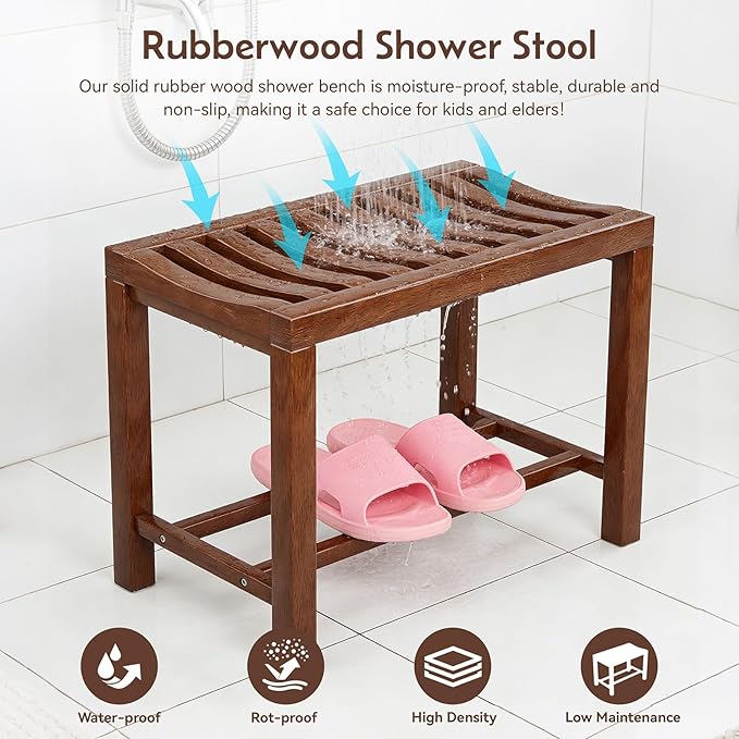 Rubber Wood Shower Bench, Non-Slip Waterproof Wooden Shower Stool for Adults & Elderly, Sturdy Bath Seat for Inside Shower or Tub – 24.02" D x 14.96" H x 6.3" W