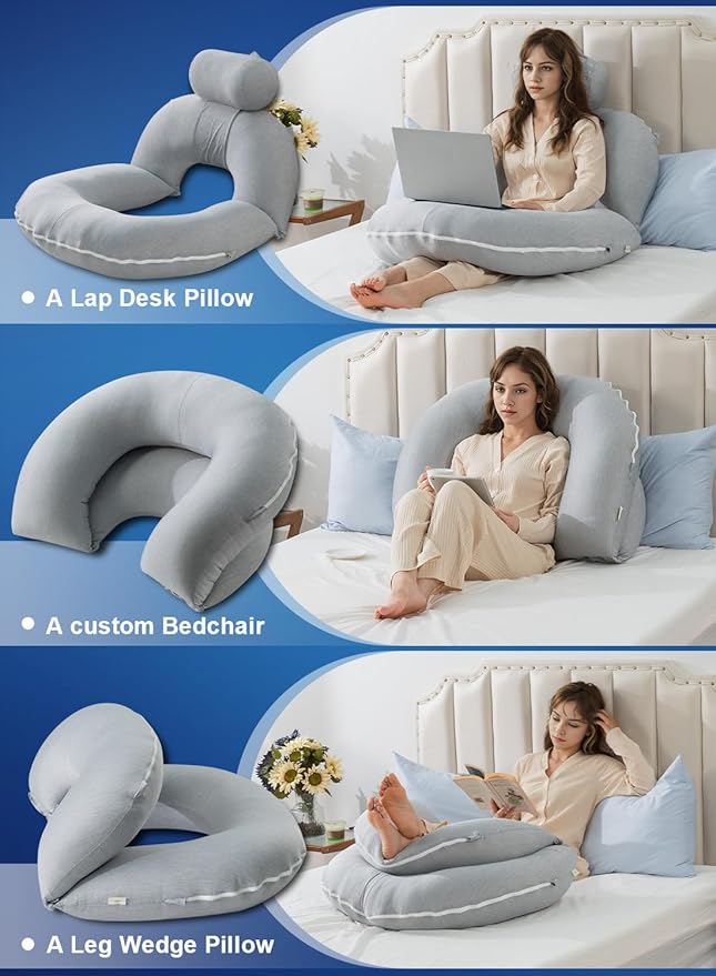 INSEN Reading Pillow, Back Pillow for Sitting in Bed for Reading, Nurse & Relax, Reading Pillow for Adults, Moms & Kids, Sit Up Pillow for Bed, Cooling Stripe, Grey
