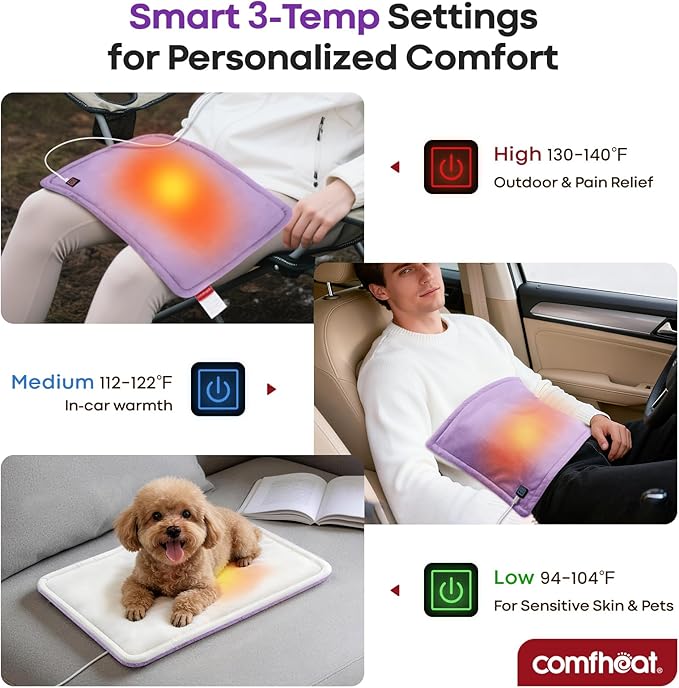 USB Plug-in Heating Pad for Travel Warmth Outdoors, Non-Rechargeable Small Heated Pad 5V Heat Therapy for Pain Relief Abdomen Cramps, 3 Heat Settings & Auto Shut Off (12"x 16") Purple