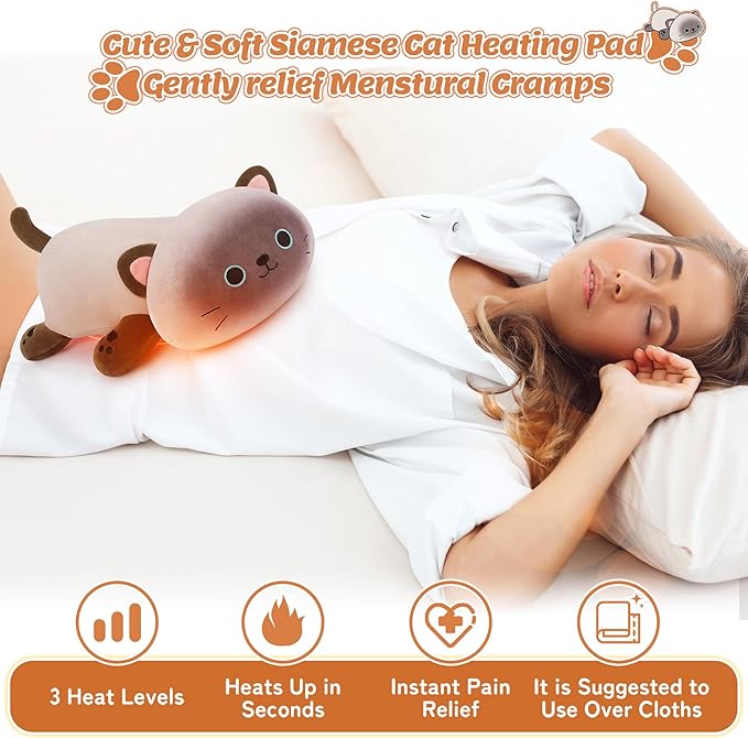 Electric Heating Pad for Period Cramps, 14in Cuddly Siamese Cat Plush with a Hot Soft Belly USB Powered, Menstrual Heating Pad Neck Shoulder Pain Relief, Gift for Daughter Wife Period Heating Pad