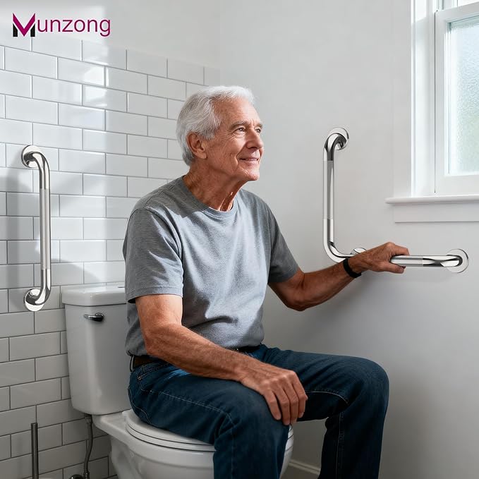 16 Inch Angled Bathroom Grab Bars with 20 Inch Straight Munzong Brushed Nickel Toilet Handicap Grab Rail for Showers,Anti Slip Stainless Steel Knurled Safety Handle Support Elderly Injury Senior