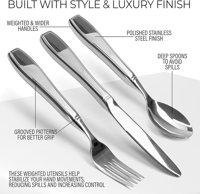 Weighted Utensils for Hand Tremors and Parkinson's Patients - 3 Piece Set Weighted Silverware for Elderly, Arthritis, Weak Hand Grip - Convenient Travel Bag, Stainless Steel, 7 Oz