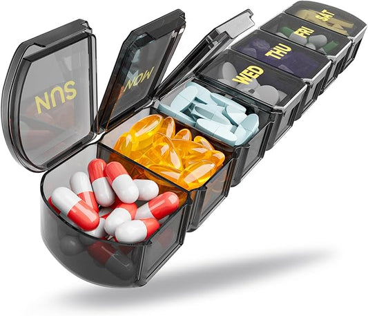 Large Pill Organizer Weekly - SHIJOINYU 7 Day Pill Box with Easy-Open Design, Daily Medicine Pill Organizer for Vitamins, Supplements, Fish Oils and Medications - Black
