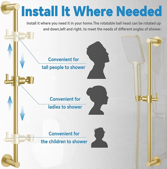 Shower Slide Bar Adjustable Handheld Shower Head Holder Wall Mount - 30inch All-Metal Shower Head Slide Bar Compatible with Bathroom Drill Free Glue Installation - Brushed Gold