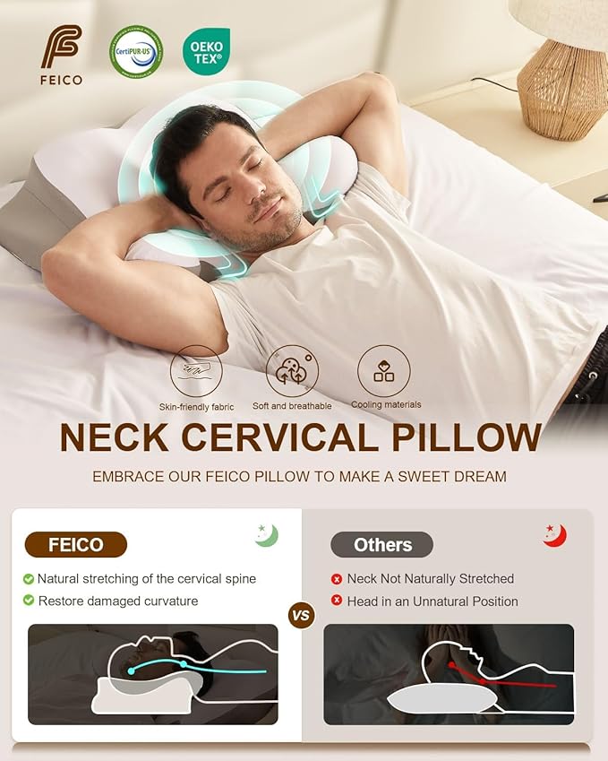 Cervical Neck Pillow, Memory Foam Pillow for Neck Pain Relief, Ergonomic Contour Cooling Pillow for Side Sleeper Pillow Adults & Stomach Sleepers Neck Shoulder Pillow (Gray, 24" L x 14" W)