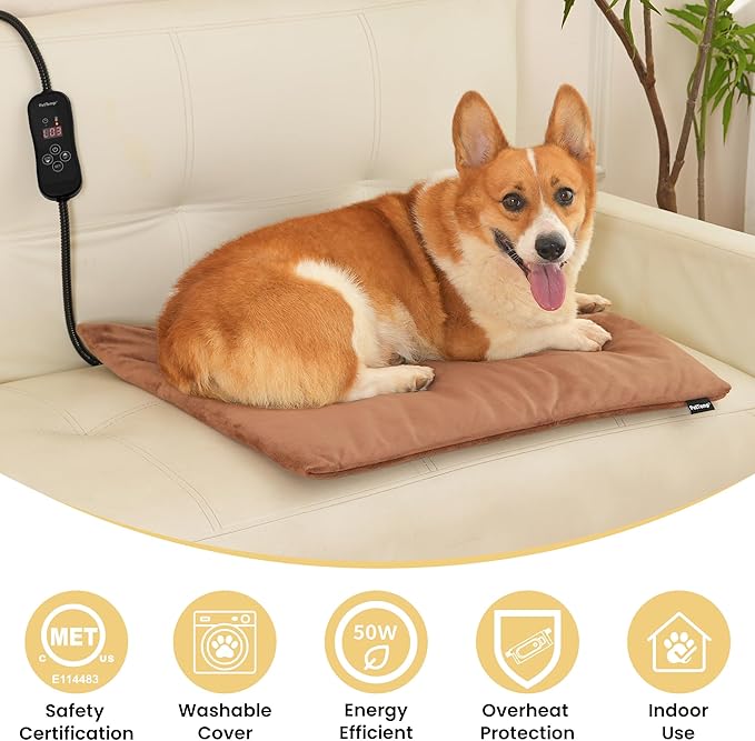 Large Dog Heating Pad & Heated Pet Bed for Big Dogs and Multiple Pets, Waterproof Pet Heating Pad with 5 Adjustable Heat Settings, Timer, Auto Shut-Off and Chew Resistant Cord, 26'' x 20''