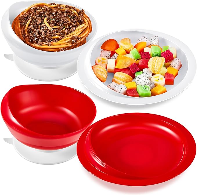 Hushee 2 Sets Adaptive Spill Proof Scoop Bowl and Plate Set with Suction Base Non Skid Self Feed Suction Dinnerware for Elderly Disabled Handicapped from Parkinsons Tremor (Red and White)
