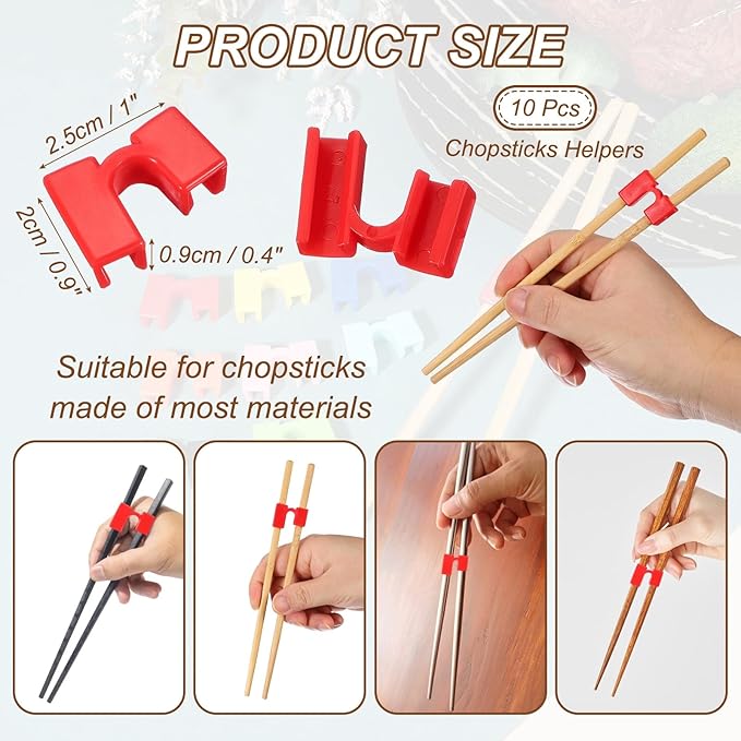 uxcell 10 Pcs Chopsticks Helper, Reusable Training Chopstick Hinges Connector Practice Chop Sticks Helpers for Adult Beginners Learners, Red
