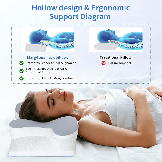 Cervical Pillow for Neck Pain Relief, Hollow Design Memory Foam Bed Pillow for Side & Back Sleepers, Ergonomic Contour Orthopedic Bed Pillow with Adjustable Support (White with Grey)