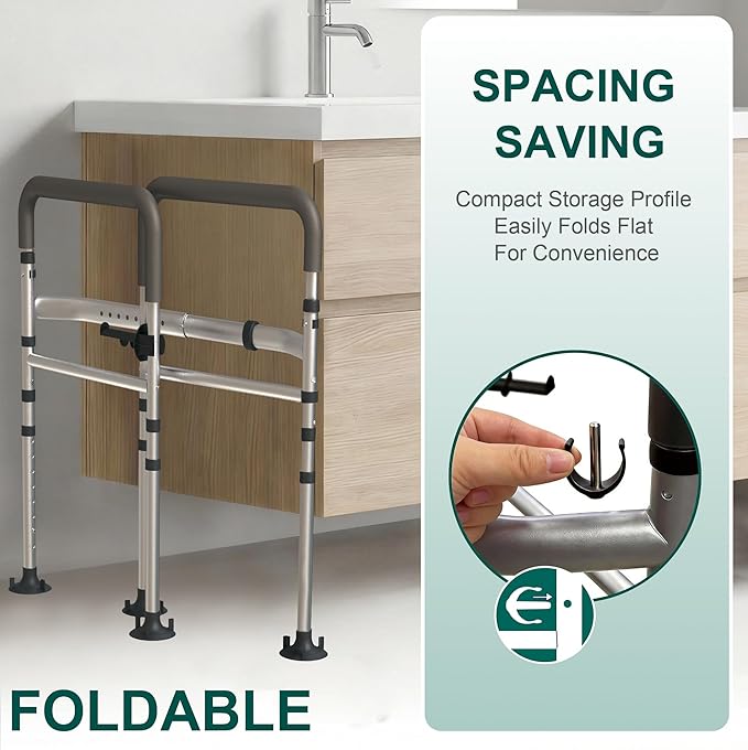 Adjustable Toilet Safety Frame with Handles - Foldable Bathroom Grab Bar for Elderly & Disabled, 350 lbs Capacity, Fits Any Toilet (Includes Tissue Holder & Storage Bag)