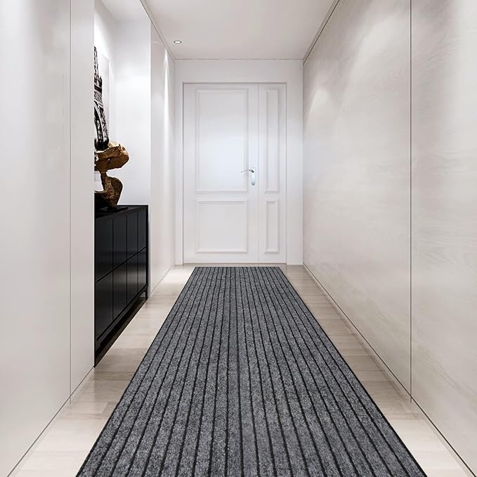 Custom Size Backed Non-Slip Area Rugs Runner, Easy Clean, Waterproof Runner Rugs for Hallway Entryway, Kitchen, Laundry, 2FT x 57FT, Gray Stripe