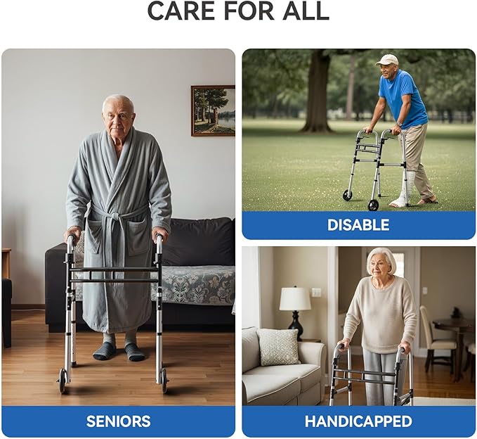 Loyoda Folding Walkers for Seniors，Medical Bariatric Walker Lightweight 5'' Front Wheel Walker Height and Width Adjustable Aluminum Standard Walker for Handicap