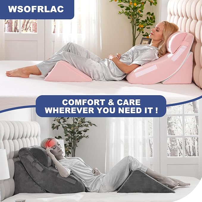 WSOFRLAC 4PCS Orthopedic Bed Wedge Pillow Set for Post Surgery Recovery - Adjustable Memory Foam Support Pillows for Back/Leg/Shoulder Pain Relief, Acid Reflux & Anti Snoring Sleeping System, Pink