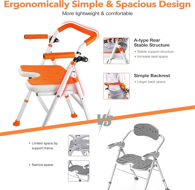 Foldable Shower Chair, Folding Bath Shower Seat for Inside Shower, Minimalist Shower Chair with Arms and Back Height Adjustable, Portable Safety Bath Chairs for Elderly, Seniors, Disabled