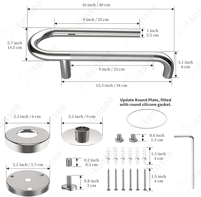 𝐔𝐩𝐠𝐫𝐚𝐝𝐞𝐝 Toilet Grab Bars 16 Inch - Toilet Paper Holder Grab Bar Stainless Steel Knurled Toilet Grab Bars for Seniors Bathtub Bathroom Rails for Elderly Safety Balance Support, Chrome