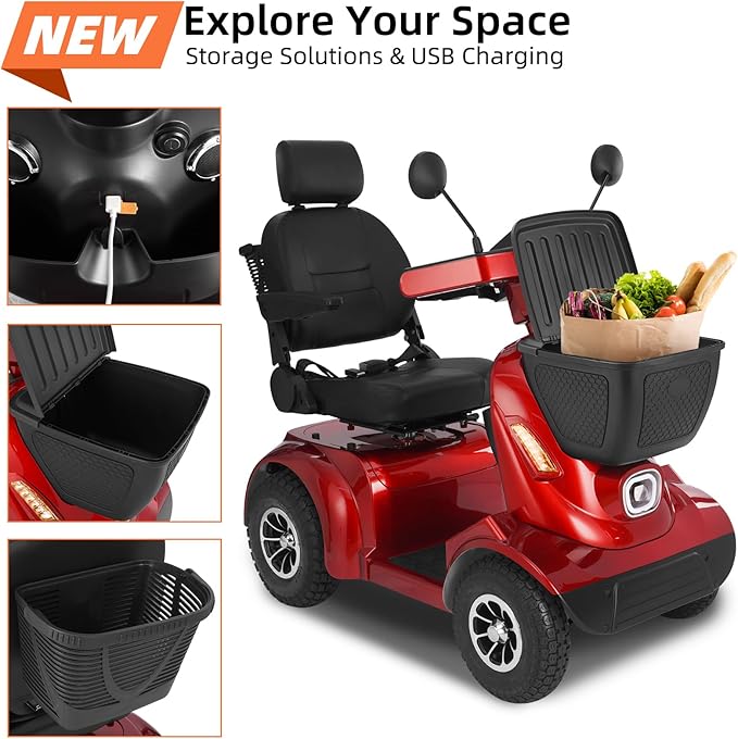 Heavy Duty Mobility Scooter for Seniors/Adults, 500LBS Capacity Electric Scooter, All Terrain Mobility Scooters, 1000W 15MPH, 13.78" Off Road Tires,32 Miles Long Range 4 Wheel Scooter, Red 32Miles