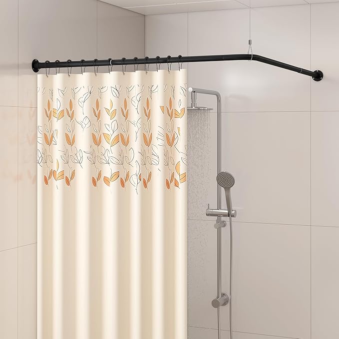 L Shaped Corner Shower Curtain Rod, 39" - 69" x 55" - 85" Adjustable 90 Degree Curved Bathroom Rod Square Rail No Sag with 12 Hooks & Ceiling Support - Black