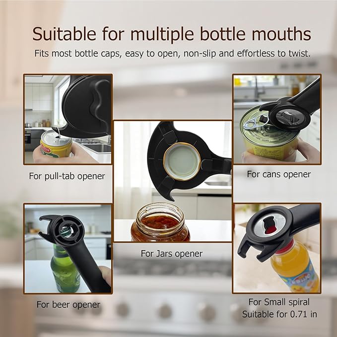 5-in-1 Jar Opener for Seniors,Adjustable Jar Opener with Magnetic Hook and Rubber Jar Openers—A Kitchen Tool Designed Specifically for Seniors and Those with Weak Hands or Arthritis(Black)