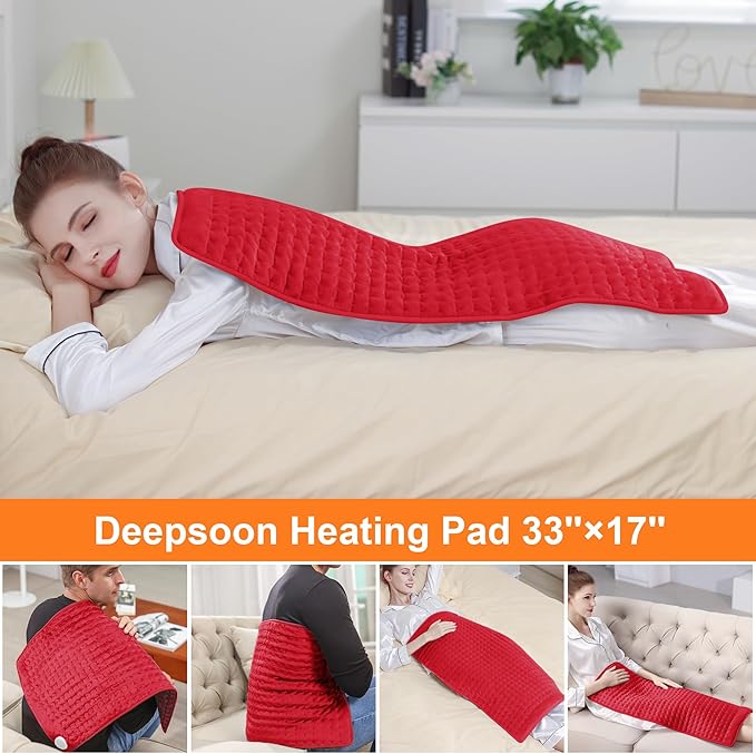 Deepsoon Heating Pad,Electric Heating Pads for Back,Neck,Moist Heating Pad for Abdomen Shoulder Knee Legs,Dry/Moist Heat&Auto Shut Off,Mother's Day Birthday for Men and Women,Red,33x17 Inch