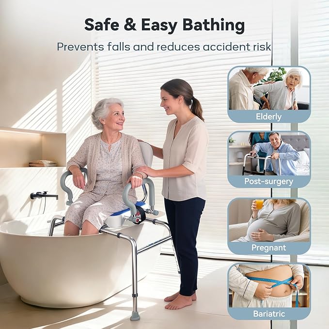 Sliding Shower Chair with Swivel Seat for Tub – 450lbs Bariatric 360° Rotating Bathtub Transfer Bench Inside Shower, Adjustable Height & Width Bath Chairs for Adults Seniors Elderly and Disabled
