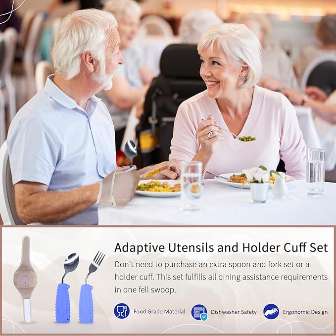 Adaptive Utensils with Universal Elastic Utensil Holder Cuff Set,Eating Utensils Easy Grip for Hand Tremors,Parkinsons or Disabled (Purple, Left Fork and Spoon and a Universal Cuff Set)