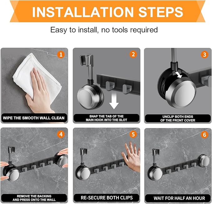 Shower Head Holder Suction Cup with 4 Hanger Hook Wall Mount - 2 in 1 Design - No-Drill Strong Adhesive Shower Wand Bracket - Adjustable Handheld Shower Head Mount - Gun Gray
