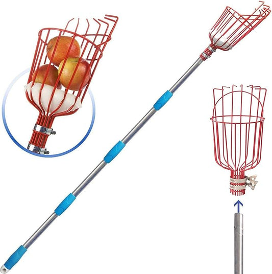 8FT Fruit Picker, Fruit Picker Tool with Basket & Adjustable Stainless Steel Handle, Lightweight Fruit Grabber for Apple Mango Avocado Orange Lemon, Easy Assembly & No Ladder Needed for Tall Tree