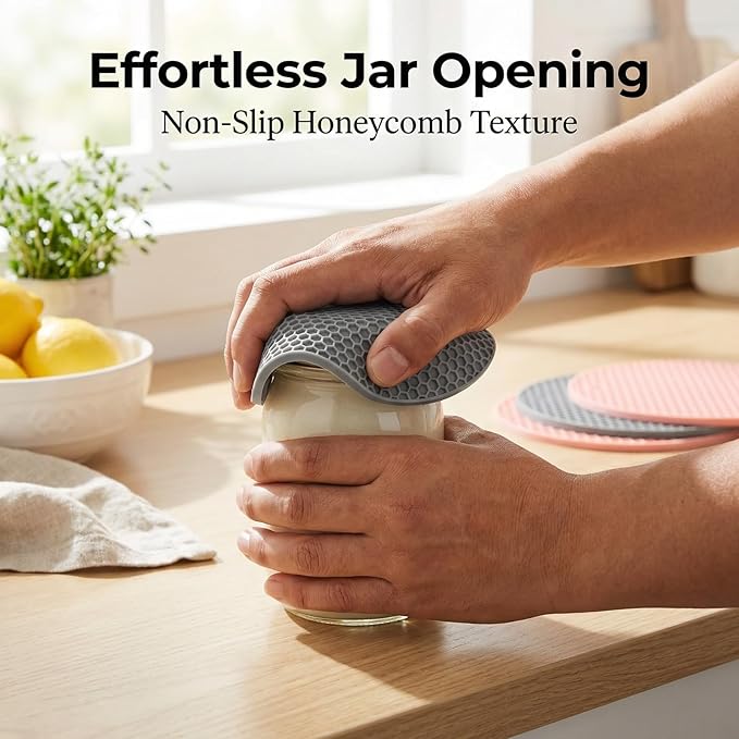 4-Pack Silicone Jar Opener Pads, 2 Gray & 2 Pink Non-Slip Grippers for Seniors, Easy Open Tight Lids, Versatile Hot Pad Mat for Kitchen Counter and Hot Dishes (17.5cm Diameter)