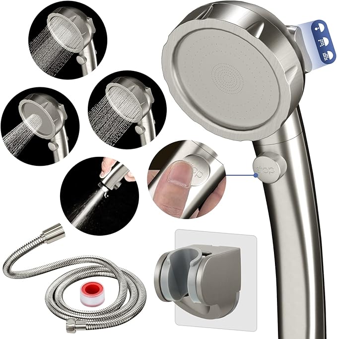 HANLIAN High Pressure Shower Head with Pause Button, 3 Spray Modes Shower Head for RV Camper, Water Saving On Off Shower, Handheld Shower Head with Hose and Self-adhesive Holder (Brushed Nickel)