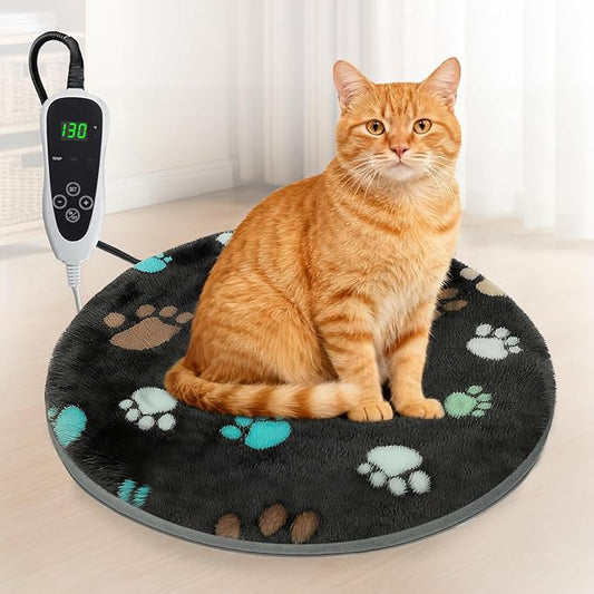GOLOPET Cat Heating Pad Round 16in,Waterproof Outer Skin and Smart Thermostat Switch, Adjustable Heated Cat Bed, Adding Wire Rope Wires Small Dog Warming Pad-Black
