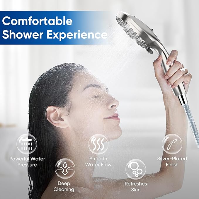 High Pressure Shower Head with Handheld, 6 Spray Modes & Pause Button, 4.1” Rainfall Detachable Showerhead with Anti-burst Nylon Hose & Holder, Premium ABS, Anti-Clog Nozzles, for Low Water Pressure