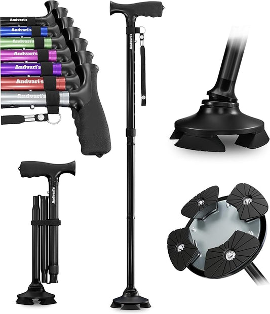 Walking Cane for Men & Women – Foldable, Adjustable, Self-Standing Cane with 360° Pivot Base, Comfortable Grip, Heavy Duty Canes for Women, Collapsible Walking Stick with Travel Bag for Seniors Adults