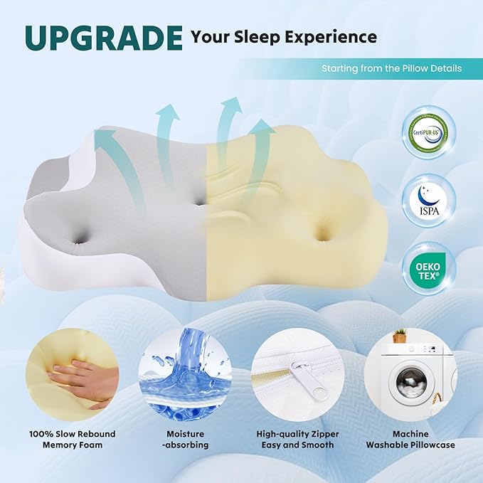 DUMOS Cervical Neck Pillow for Sleeping, Cooling Ergonomic Memory Foam Pillow with Arm Rest Slot and Ice Silk Pillowcase, Dual Height Orthopedic Support Contour for Side, Back, Stomach Sleepers