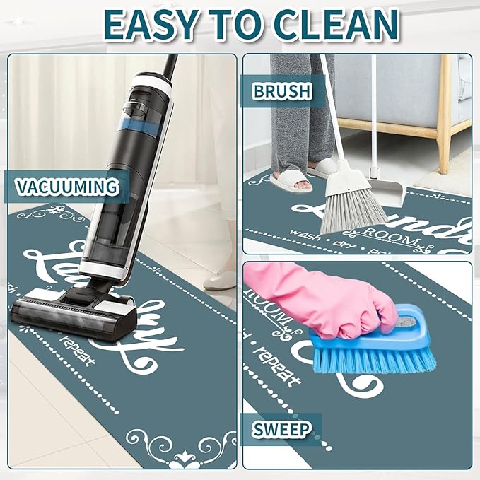 XLHOMO Non Slip Laundry Mats, 17.7"x45" Teal Laundry Rug Runner, Farmhouse Washable Laundry Room Floor Mat for Laundry Room, Mudroom, Kitchen, Washroom, Bathroom, Hallway Entryway Carpet Decor