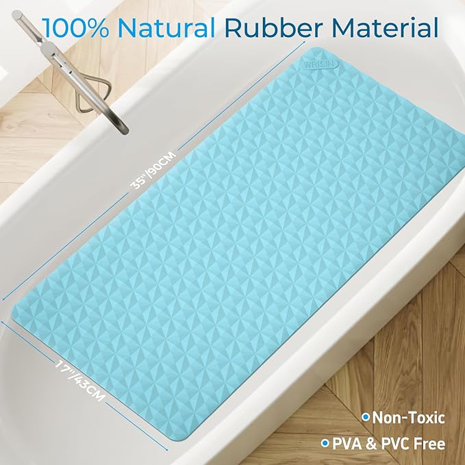 WRISIN Non Slip Bathtub Mat for Bath Tub Shower Safety - Natural Rubber Mat with Suction Cups ＆ Drain Holes - BPA/PVC Free Large Bathroom Mat - Machine Washable - Unique Diamond Pattern - 17 × 35 Inch