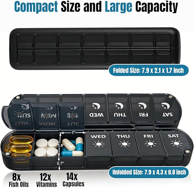 Weekly Pill Organizer 2 Times a Day, Magnetic Foldable AM PM Pill Box with Dual Protection, Large Travel Medication Case for Vitamins, Fish Oils, Supplements (Black)