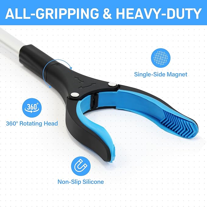 Grabber Reacher Tool for Seniors,36" Foldable Reacher Grabbers Pickup Stick with Anti-Slip 360° Rotating Jaw，with Magnet for Disabled, After Surgery Recovery (Blue, 36inch 2pack)