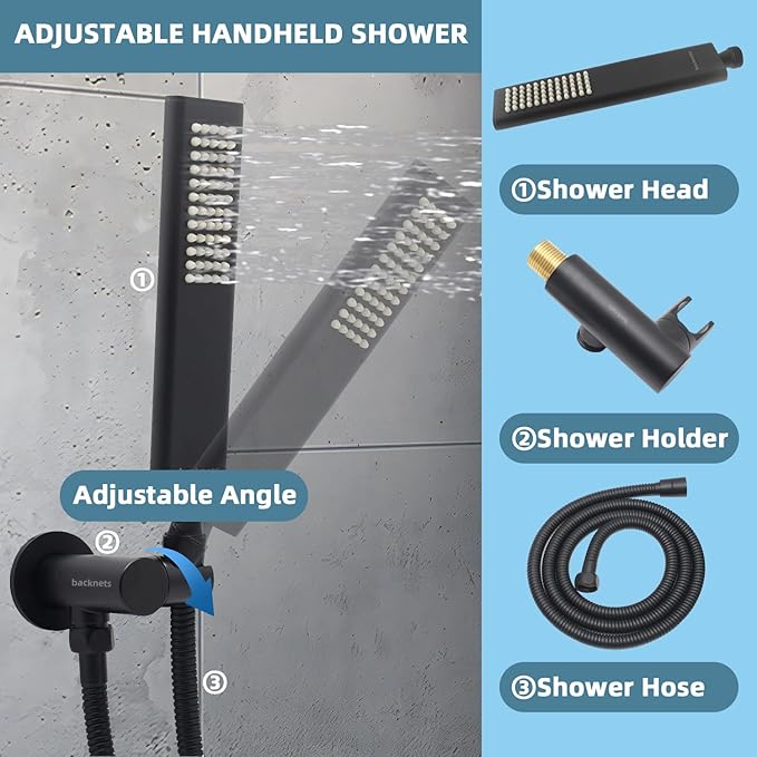 Solid Brass Handheld Shower Head Arc Design High Pressure Matte Black Hand Shower Wand with Adjustable Supply Elbow Wall Connector Shower Holder and 59″ Stainless Steel Hose Set