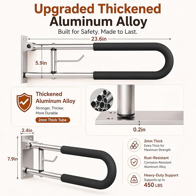 Foldable Toilet Grab Bar, 23.6 Inch Wall Mounted Flip-Up Safety Rail, 2mm Thick Heavy-Duty Rust-Resistant Aluminum Bathroom Support Bar for Elderly, Disabled, Handicap Grab Bars