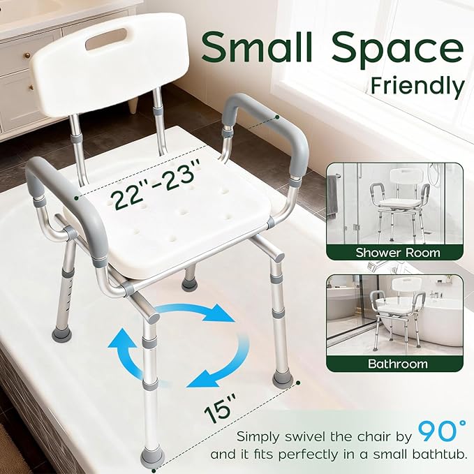 Swivel Shower Chair with Arms and Back, 450lbs Heavy Duty Shower Chair for Elderly and Disabled, Handicap Shower Chairs for Inside Shower Stool & Bath Tub Seat for Adults
