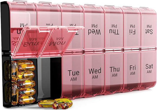 COLORWING AM PM Extra Large Pill Organizer, XL 7 Day Pill Organizer 2 Times a Day, Weekly Daily Pill Case, Day Night Oversized Medicine Box, Vitamin Holder, Big Pill Container (Pink)