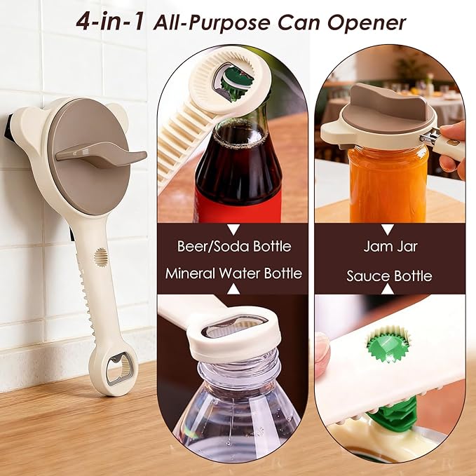 4 in 1 Multi-Purpose Jar Opener, Adjustable Stainless Steel Lid Remover for Seniors & Arthritis Sufferers, Jar Opener for Weak Hands with Bottle Cap Opener, Fits Kitchen Jars, Bottles & Cans (Beige)