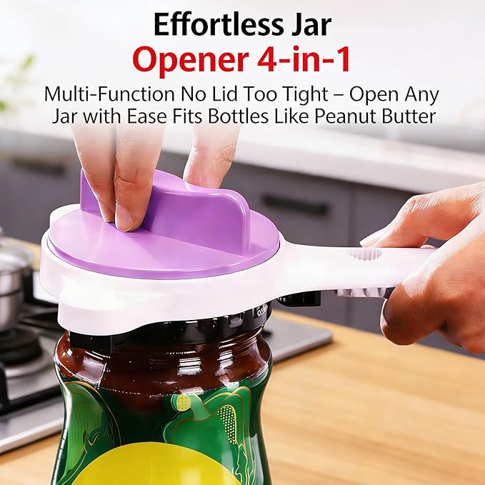 New 4-in-1 Retractable Jar Bottle Opener, Adjustable Stainless Steel Lid Remover with Non-Slip Grip for Seniors, Multi-Functional Jar Opener with Ergonomic Handle for Kitchen Jars Cans Bottles(Purple)